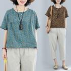 Set: Short-sleeve Floral Print Blouse + Harem Pants