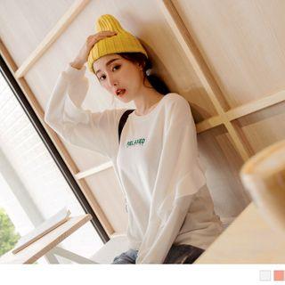 Frilled Trim Long Sleeve Letter Embroidered Top