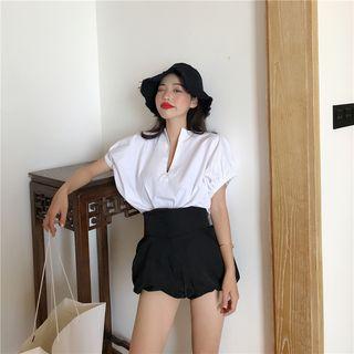 Plain V-neck Short-sleeve Blouse/ Tie-waist Shorts