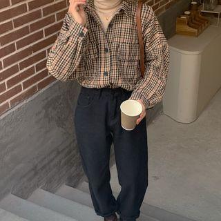 Plaid Shirt Jacket Plaid - Khaki & Black - One Size