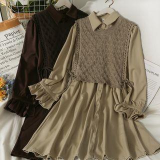 Set: Tie-side Knit Vest + Bell-sleeve Midi Shirtdress