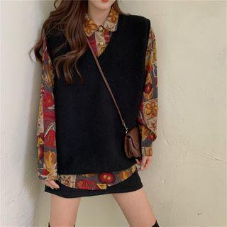 Long-sleeve Printed Shirt / Knit Vest