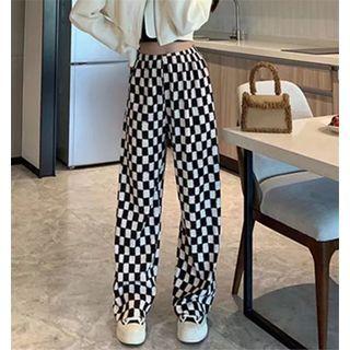 High-waist Plaid Wide-leg Sweatpants