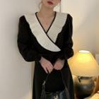Long-sleeve V-neck Frill Trim Midi Sheath Dress