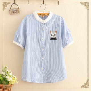 Cat Embroidered Striped Short-sleeve Shirt As Shown In Figure - One Size