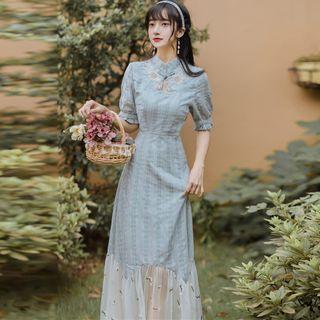 Short-sleeve Frog-buttoned Floral Mesh A-line Midi Dress