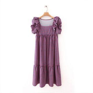 Short-sleeve Ruffled Gingham Check Midi Smock Dress