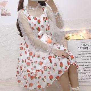 Long-sleeve Beaded Mesh Top / Sleeveless Strawberry Print A-line Dress
