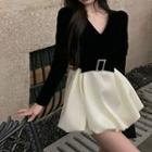 Color Block Panel V-neck Long-sleeve Short Dress