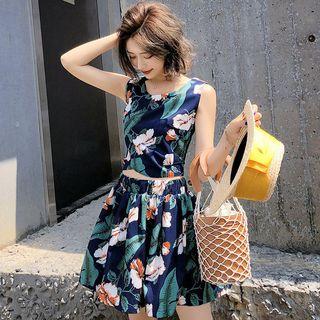 Set: Floral Print Sleeveless Top + Mini A-line Skirt