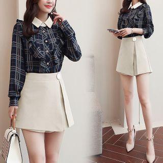 Set: Long-sleeve Plaid Shirt + Mini A-line Skorts