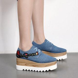 Denim Embroidered Wedge Oxford Shoes