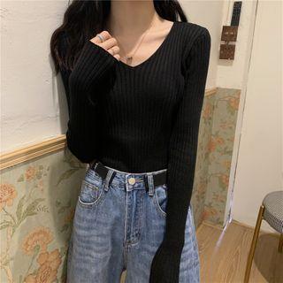 V-neck Skinny Long-sleeve Knitted Top