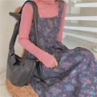 Mock-turtleneck Long-sleeve Top / Floral Print Midi A-line Pinafore Dress
