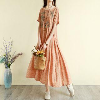 Short-sleeve Embroidered Polka Dot A-line Midi Dress