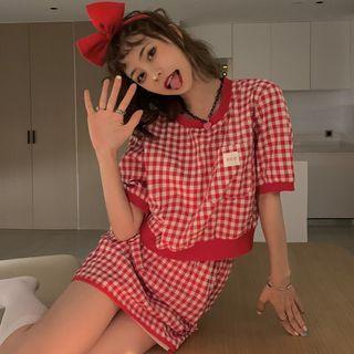 Short-sleeve Gingham Blouse / Mini Pencil Skirt