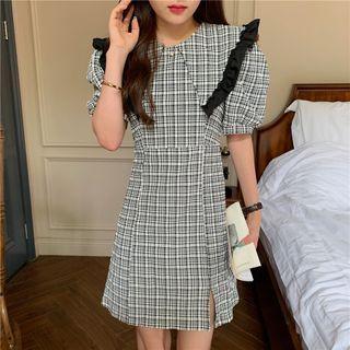 Puff-sleeve Plaid Ruffle A-line Dress Plaid - Black & White - One Size
