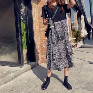 Short-sleeve Chiffon Panel Layered Midi A-line Dress