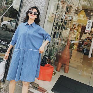Elbow-sleeve Shirtdress With Sash