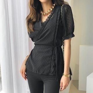 Laced Dotted Chiffon Wrap Blouse