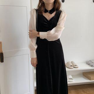Two-tone Panel Midi A-line Dress White & Black - One Size