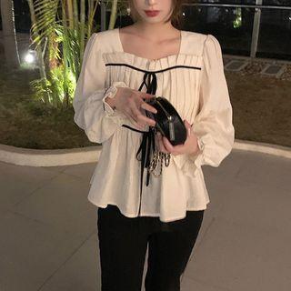 Long-sleeve Tie-front Frill Trim Square-neck Blouse