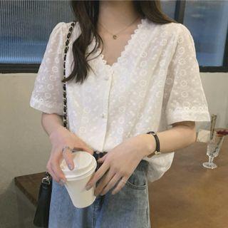 Short-sleeve Lace Blouse Off-white - One Size
