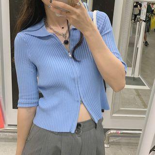 Short-sleeve Ribbed Zip Knit Top Blue - One Size