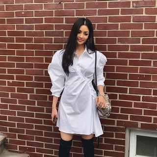 Puff-shoulder Shirred Shirtdress