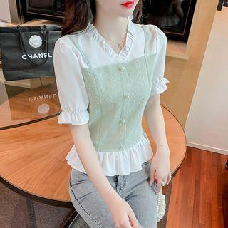 Mock Two-piece Puff-sleeve Ruffle Trim Blouse