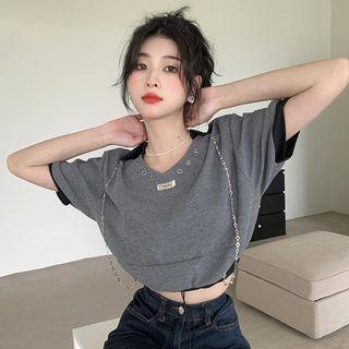 Short-sleeve Chained Grommet Polo Shirt