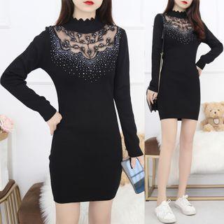 Long-sleeve Embellished Mesh Panel Mini Bodycon Dress