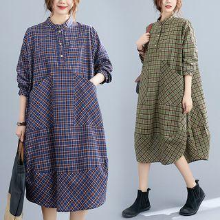 Long-sleeve Plaid Henley Midi Dress
