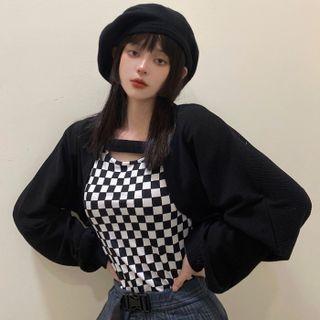 Set: Puff-sleeve Shrug + Checkerboard Tank Top Black - One Size