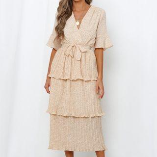 Bell Sleeve V Neck Tie-waist Layered Dress