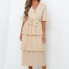 Bell Sleeve V Neck Tie-waist Layered Dress