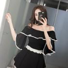 Off-shoulder Ruffled Contrast-trim Top