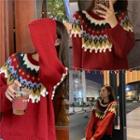 Color-block Pattern Sweater Red - One Size