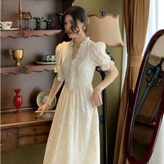 Short-sleeve Eyelet Lace Midi A-line Dress White - One Size