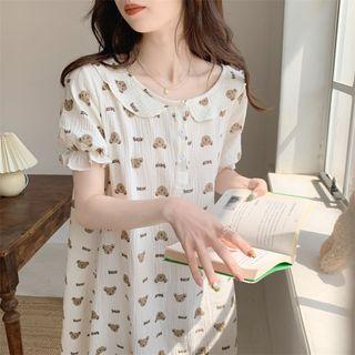 Short-sleeve Bear Print Sleepdress Almond - One Size