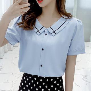 Short-sleeve V-neck Collared Chiffon Blouse