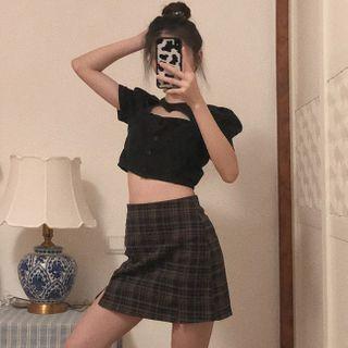 Cut Out Short-sleeve Top / Plaid A-line Skirt