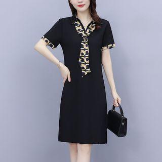 Short-sleeve Print Trim Sheath Dress
