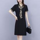 Short-sleeve Print Trim Sheath Dress