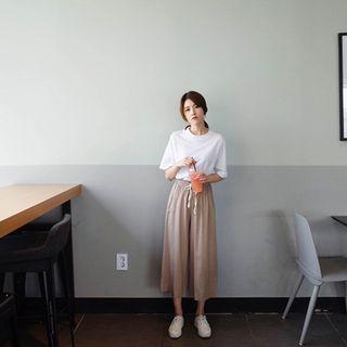 Drawstring-waist Linen Blend Wide-leg Pants