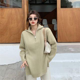 Long-sleeve Half-zip Ribbed Split Knit Top As Shown In Figure - One Size
