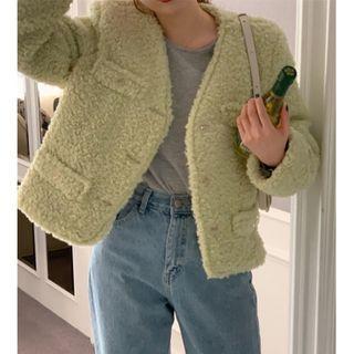 Plain V-neck Lambswool Cropped Jacket Light Green - One Size