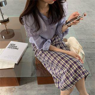 Eyelet Trim Collared Blouse / Plaid Midi Straight-fit Skirt