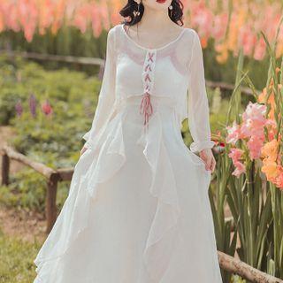 Set: Long-sleeve Sheer Lace-up Top + Spaghetti Strap Ruffled Midi A-line Dress