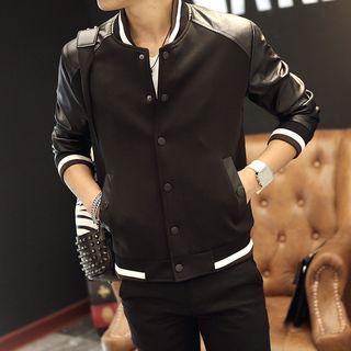 Striped Contrast Pu Panel Baseball Jacket